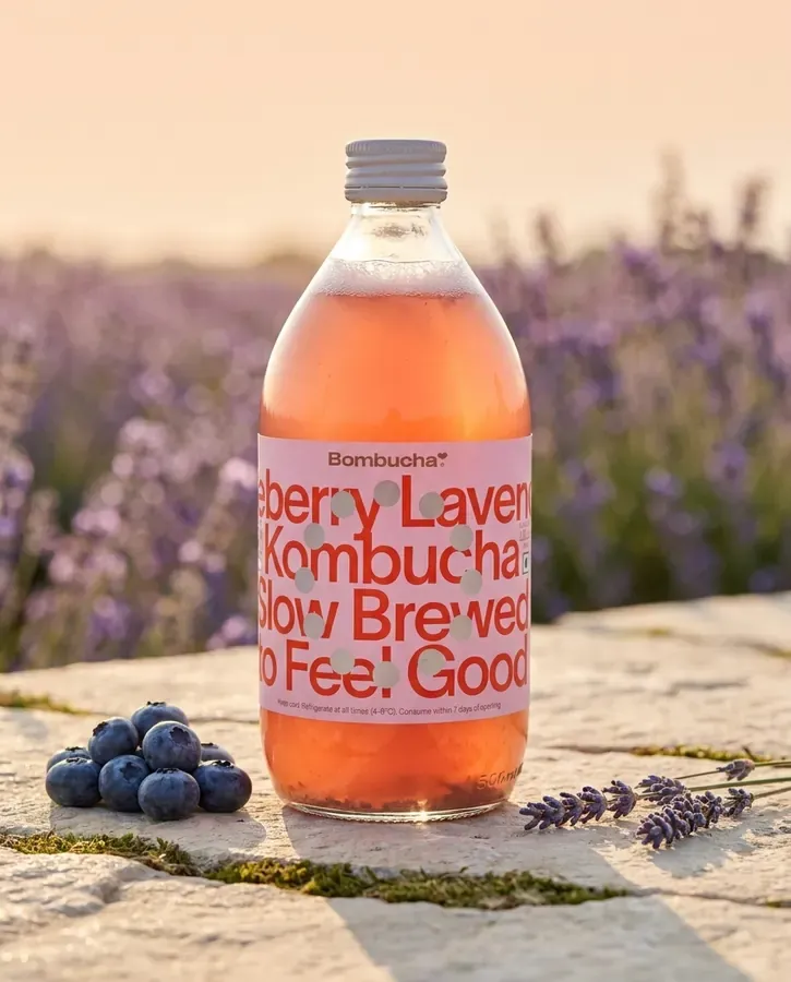 Kombucha bottle in a lavender field